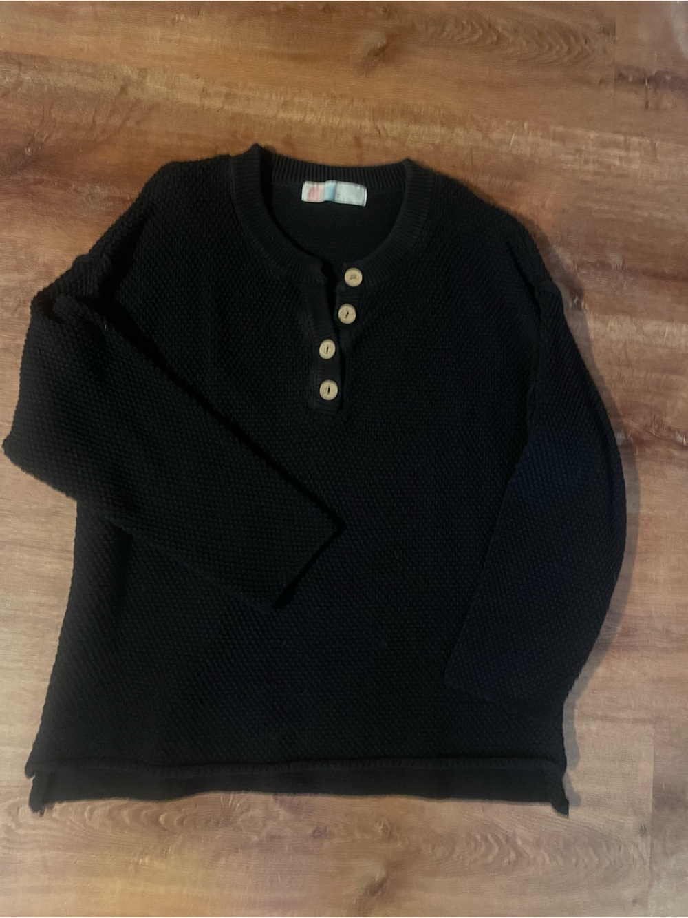Free People Black Knit Henley Sweater with Button Placket